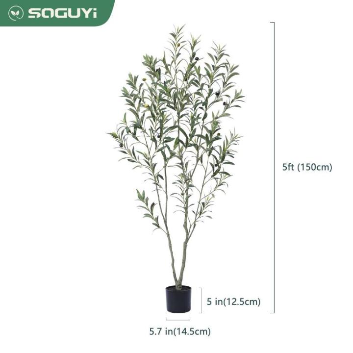 Kunstolijfboom, 150 cm, kunstplant, olijfboom met natuurlijke houten stam en levensechte vruchten voor thuis- en kantoordecoratie, grote voor binnen, 1 verpakking