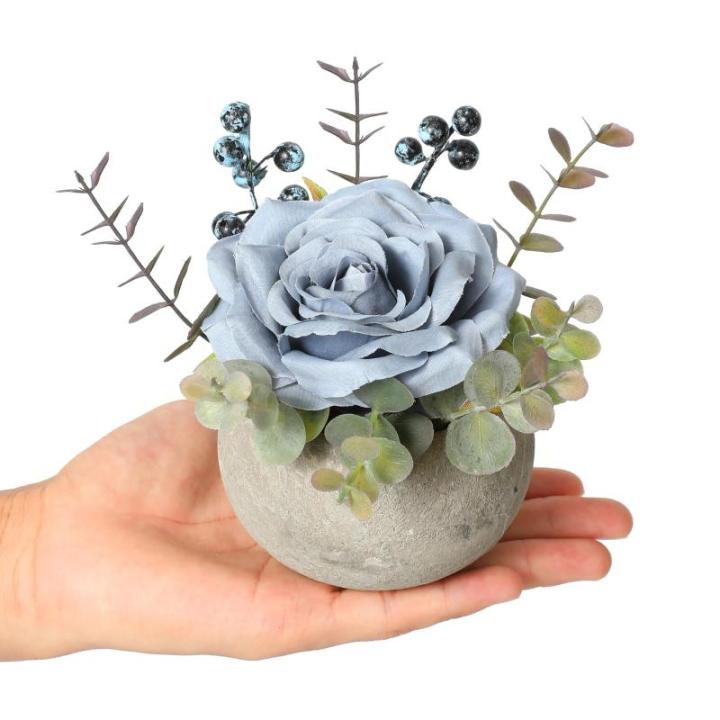 Kunstroos bloem met pot, combinatie van namaakzijden roos en groen, kleine kunstplant met eucalyptusbladeren voor slaapkamer, boekenkast, decoraties (1, blauwe roos)