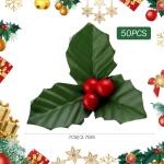 50pcs rote Weihnachtsverzierung Set Mini Faux Holly & Beeren Dekorationen DIY Weihnachtsblumen Dekor mit Drahthalterung für schwimmende Kerzen Vase Holiday Dekor, Weihnachtsschmuc