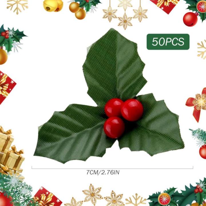 50pcs rote Weihnachtsverzierung Set Mini Faux Holly & Beeren Dekorationen DIY Weihnachtsblumen Dekor mit Drahthalterung für schwimmende Kerzen Vase Holiday Dekor, Weihnachtsschmuc