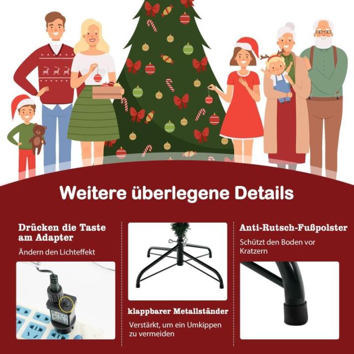 180 cm kunstkerstboom verlicht, scharnierende kerstboom met 8 lichtstanden, 280 warmwitte LED-lampjes, 788 takuiteinden van PE & PVC, dennenboom, kunstkerstboom, groen