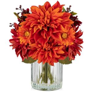 Dalia Kunstbloemen als echt in cilindrische glazen vaas met kunstwater, decoratieve bloemen, chrysant bloemstuk voor thuis, woonkamer, badkamer, herfst, decoratie