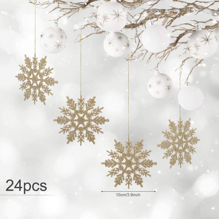 24 x sneeuwvlokken kerstdecoratie voor kerstboom glitter kerstboomversiering, champagne