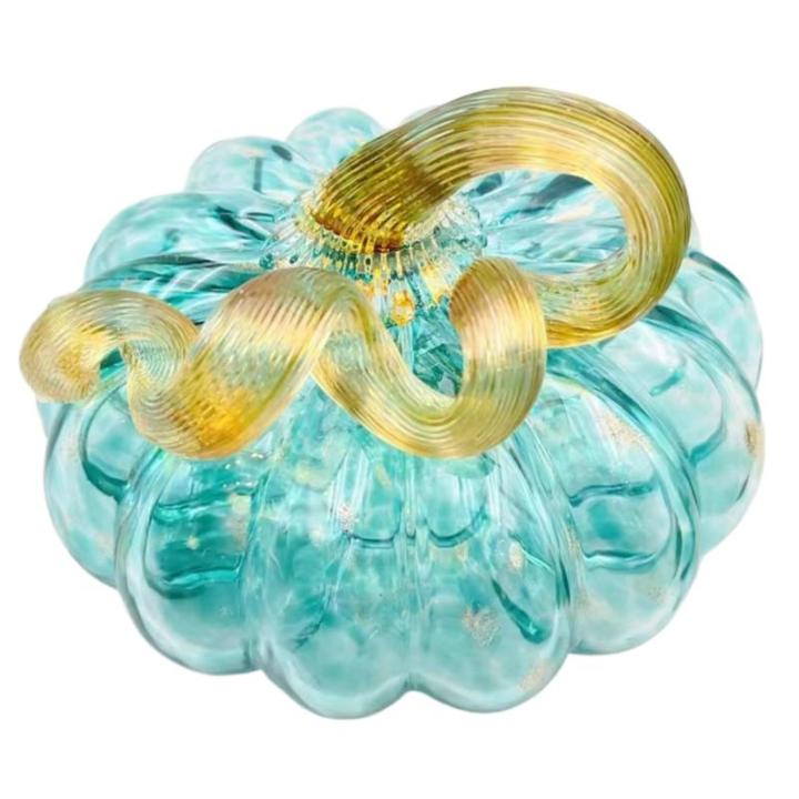 Glaskürbis Transparent Blue Crystal Thanksgiving Kürbisfiguren mit Stielrund 3x4 in geblasenem gepunkteten Glaskürbisdekor, (Stil 1) Innendekoration