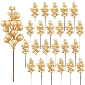 24 stuks glittergouden bessen stelen, kunstgouden bessen, plukken, glitter, gouden bessen, takken, kerstbessen, steel, picks voor kerstboom, doe-het-zelf knutselen, bruiloft, vakan