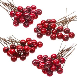 Künstliche Holly Beeren, 100 Stück Mini 10 mm Gefälschte Beeren Dekor auf Draht für Weihnachtsbaum Dekoration Blumenkranz DIY Handwerk Verwenden (Weinrot)