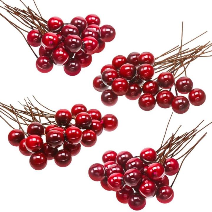 Künstliche Holly Beeren, 100 Stück Mini 10 mm Gefälschte Beeren Dekor auf Draht für Weihnachtsbaum Dekoration Blumenkranz DIY Handwerk Verwenden (Weinrot)