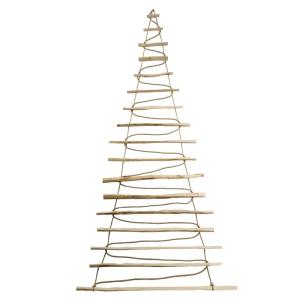 Handgemaakte kerstboom 205 cm hoog, van hazelnoothout, decoratieve hanger, met 10 m ledverlichting, houten platen verbonden met een jute touw met een dikte van 6 mm