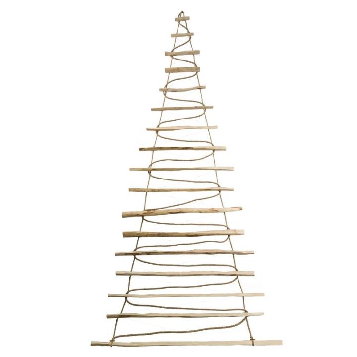 Handgemaakte kerstboom 205 cm hoog, van hazelnoothout, decoratieve hanger, met 10 m ledverlichting, houten platen verbonden met een jute touw met een dikte van 6 mm