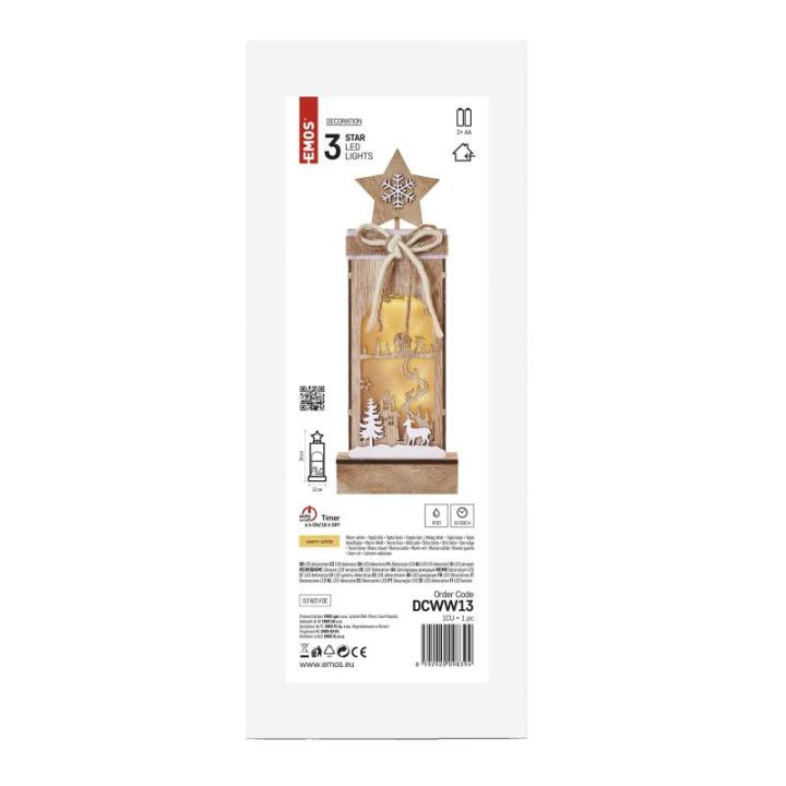 Lichtgevend winterlandschap van hout, 3 leds warm wit licht, kerstdecoratie, IP20 binnen, werkt op batterijen (2 x AA), 10.000 uur levensduur, 6/18 uur timer, 0,3 watt, 12 x 5 x 34