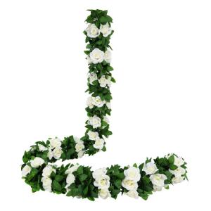 guirlande met kunstrozen, 2 stuks, 220 cm, hangende bloemen van zijde voor outdoor, indoor, bruiloft, badkamer en wanddecoratie (wit)