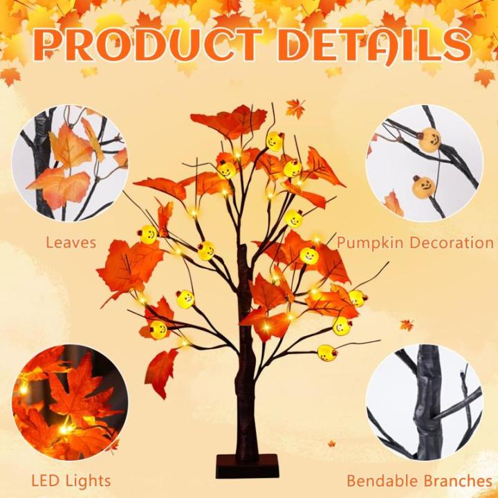 Halloween decoratie voor binnen, zwart esdoornblad, boomverlichting met 24 leds, Halloween-decoratie, griezelige lichtboom met led-spinnenlicht, berkenboom met timer voor Halloween