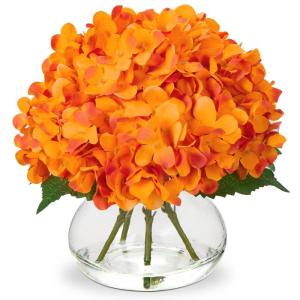 Hortensia in vaas Real Touch Nep Hortensia Bloem in Glazen Vaas met Faux Water Zijde Oranje Herfst Bloemstuk voor Thuis Badkamer Herfst Decoratie
