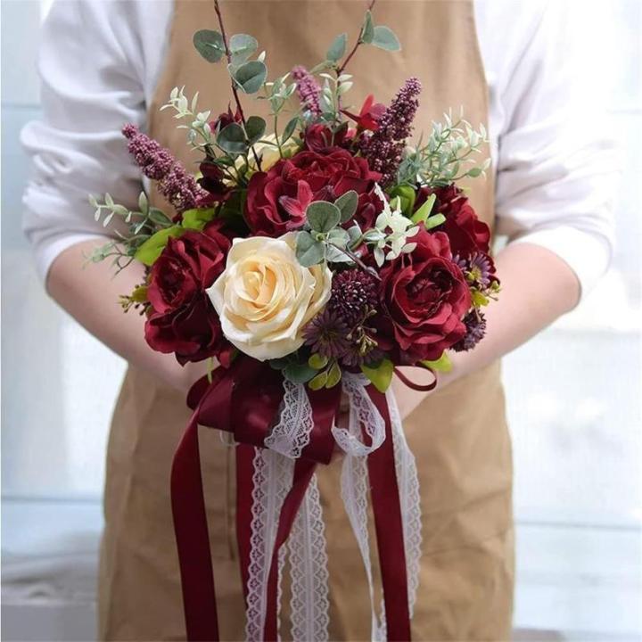 Hochzeitsstrauß for die Braut mit künstlichen Blumen, 10-Zoll-Hochzeitssträuße, künstlich blühende Rosen, Brautjungfernstrauß, Seidenrosen-Wurfsträuße.(Red)