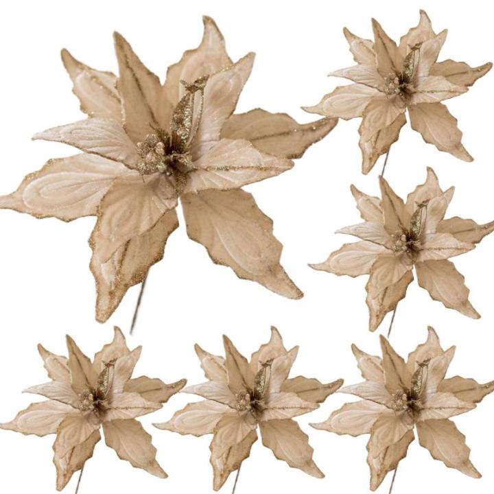 6pcs Poinsettia Blumen künstlich 11 Zoll lebensee Weihnachtsblumen weiche künstliche Blumen mit Glitzerpulver für Weihnachten Neujahrsfeierdekorationen, leichte Gold, Weihnachts
