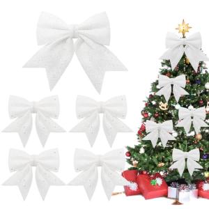 1 + 4 stuks witte strikken voor Kerstmis, kerstboom, strikken, glitter, kerstboomversiering voor familiefeesten, feestdecoratie voor Kerstmis, vakantie, bruiloft, feesten (2 maat)
