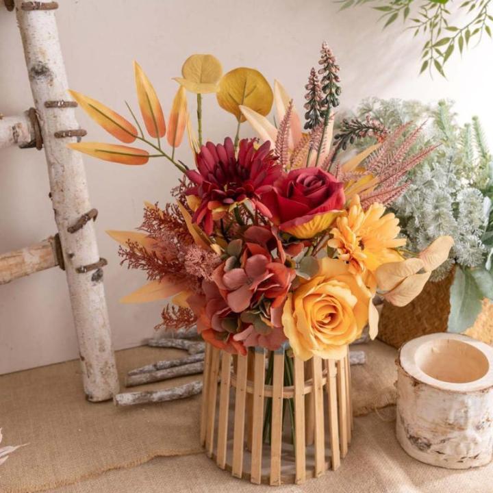Kunstblumen Künstliche Pflanzen Blumen Deko Seidenblumen Blumenarrangements Kernstück Hochzeit Blumenstrauß(Herbstrot)