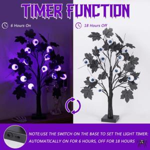 Halloween Dekor Innen Schwarz Ahornblatt Baum Lichter mit 24 LEDs,Halloween Deko Gruselig Lichterbaum mit LED Spinnenlicht,Birkenbaum mit Timer für Halloween Decoration Tischlicht