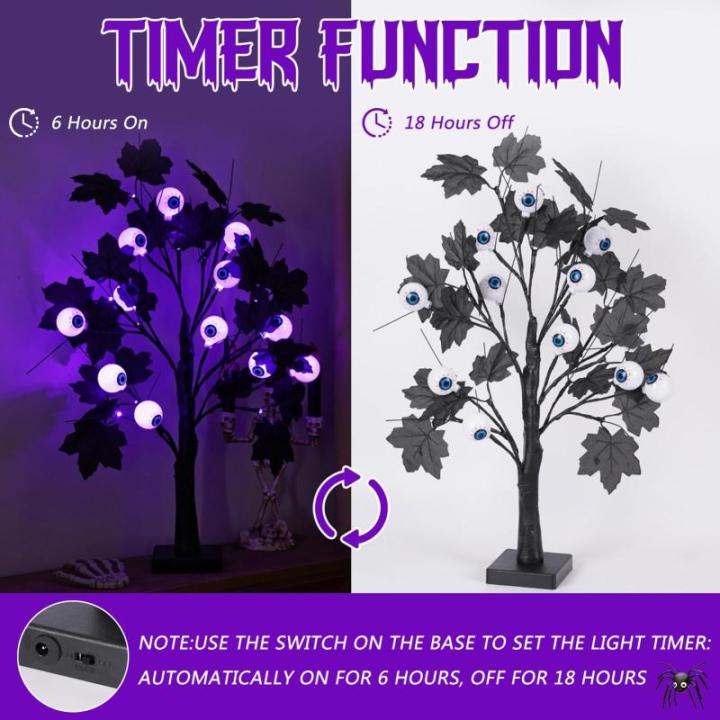 Halloween Dekor Innen Schwarz Ahornblatt Baum Lichter mit 24 LEDs,Halloween Deko Gruselig Lichterbaum mit LED Spinnenlicht,Birkenbaum mit Timer für Halloween Decoration Tischlicht