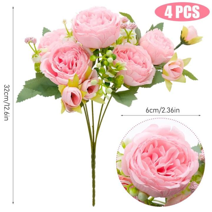 4 trossen kunstmatige pioenbloemen, buiten, echte zijden bloemen voor bruiloft, thuis, tafel, feest, raamdecoratie