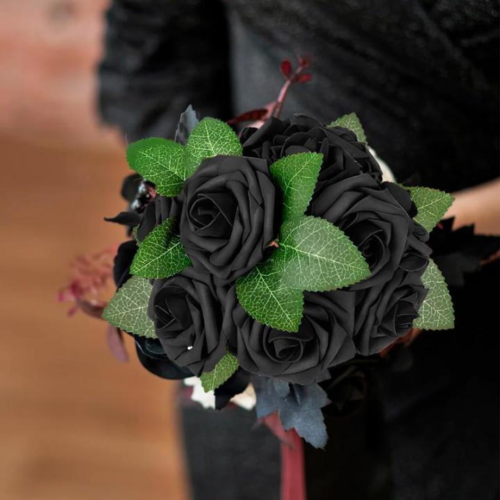 Kunstbloemen, zwarte rozen, 30 stuks, 8 cm, boeket, kunstdecoratie, bloemen, kunstrozen met stelen en kaart voor Valentijnsdag, tuin, verjaardag, feest, doe-het-zelf bruiloftsdecor