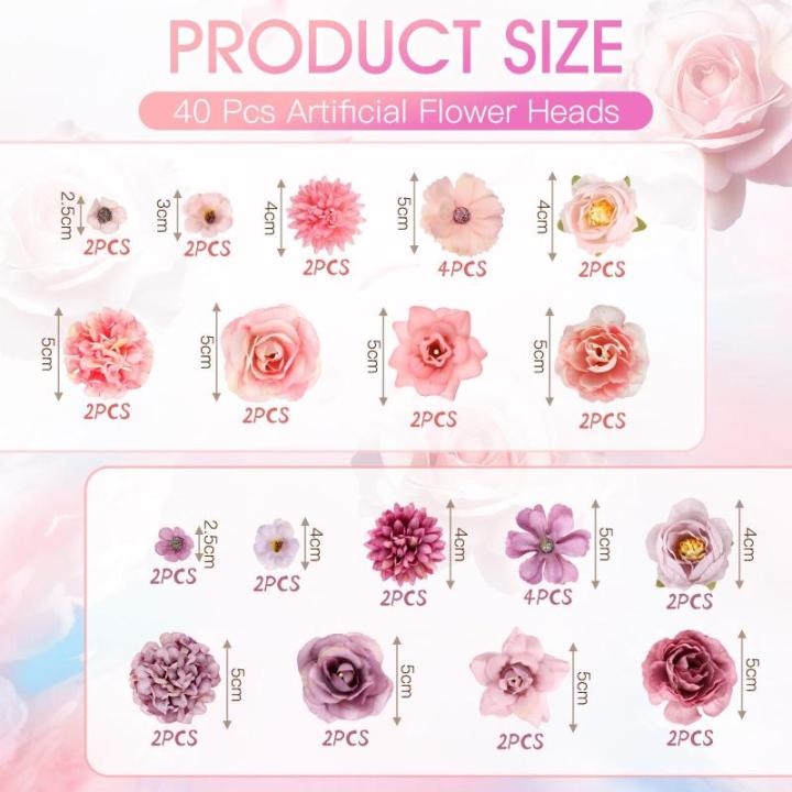 40 stuks , bloemen om te knutselen met 9 stijlen, , mini-zijden bloemen, kunstbloemkoppen voor bruiloft, thuis, doe-het-zelf handwerk, scrapbooking, decoratieve