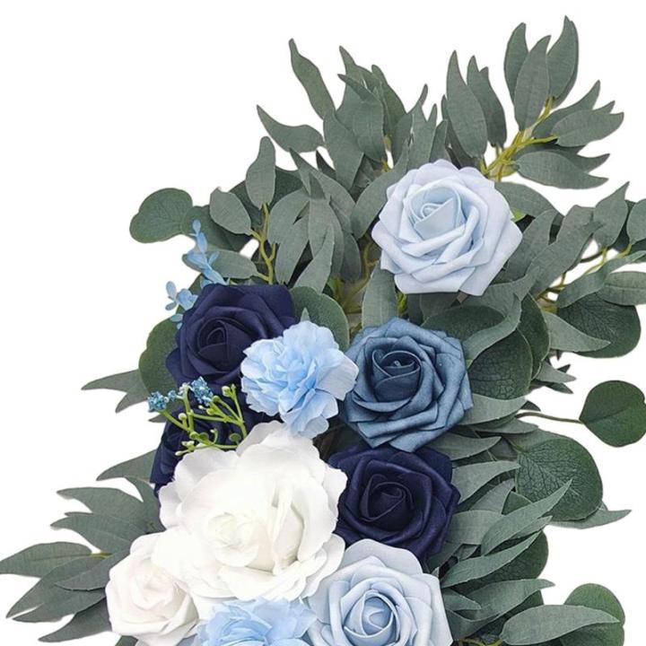 Bruiloftsboogbloemen, bloemenslingers voor bogen, woondecoratie, groene bladeren, kunstbloemenslingerset voor binnen, set van 2 voor recepties, blauw