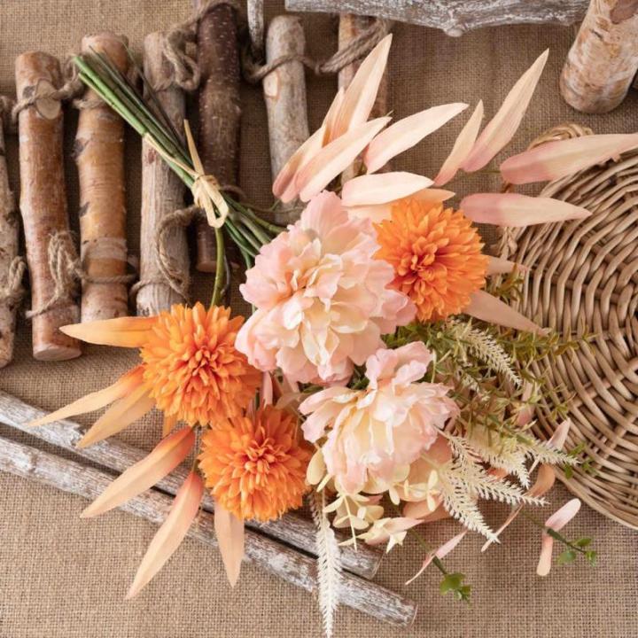 Kunstblumen Künstliche Pflanzen Blumen Deko Seidenblumen Hortensien Blumenarrangements Kernstück Hochzeit Blumenstrauß(Rosa Orange)