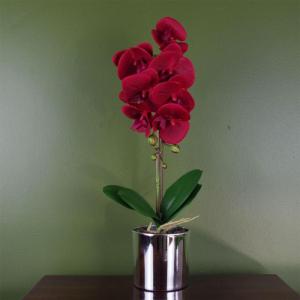 Künstliche Orchidee, 46 cm, Rot mit silberfarbenem Topf