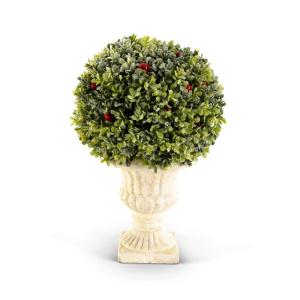K&K Interiors 53991E-3 Mistelzweig-Formschnitt, 35,6 cm, mit roten Beeren in Sockelurne, Grün