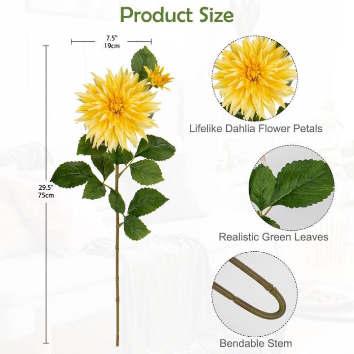 3 stuks gele kunstmatige dahlia's, 75 cm kunstzijden bloemen met lange steel voor bloemarrangementen, faux dahlia's bloemen voor doe-het-zelf bruiloft party middenstuk huis kantoor