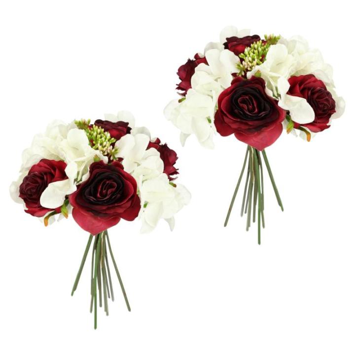 Kunstrozenboeket met hortensia, rozen, boeket, kunstboeket, zijden bloemen, boeket, hortensia-boeket, kunstbloemen, bruiloft, wijnrood/wit