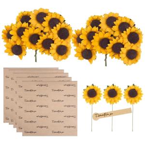 Kunstzonnebloemen, decoratie, 100 stuks met 5 stickers, enkele steel, zijde, zonnebloem als echt, nep zonnebloem, gele bloemen, voor bruiloft, feest, doe-het-zelf, uitnodigingskaar