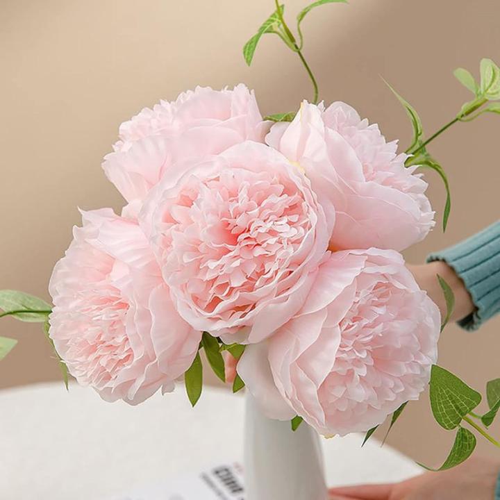 Simulation Blumenstrauß,Künstlicher Blumenstrauß Pfingstrose, 5er-Bouquet, echte Seidenblumen mit Stiel, cremefarbene Kunstblumen als Dekoration in großen Mengen(Light Pink)