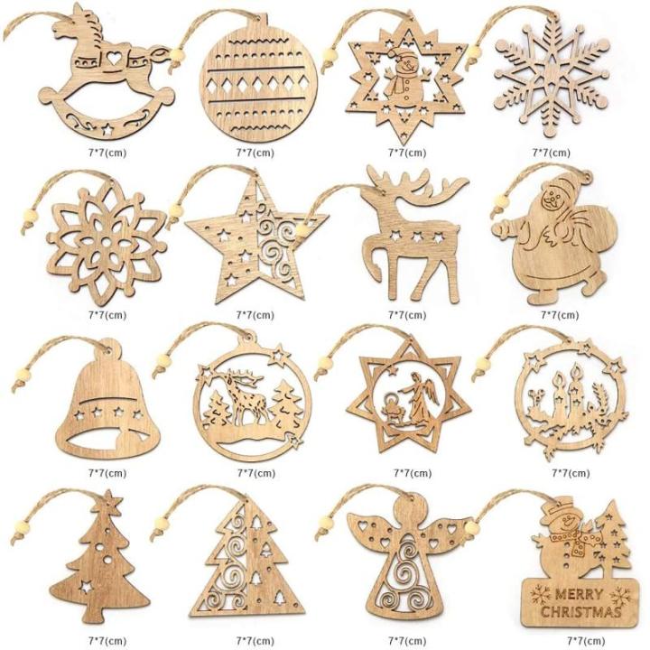 Houten kerstboomversiering, 16 stuks, houten kerstboomdecoratie, hanger decoratie, ornamenten voor kerstboom, kerstboomversiering van hout, 7,5 cm
