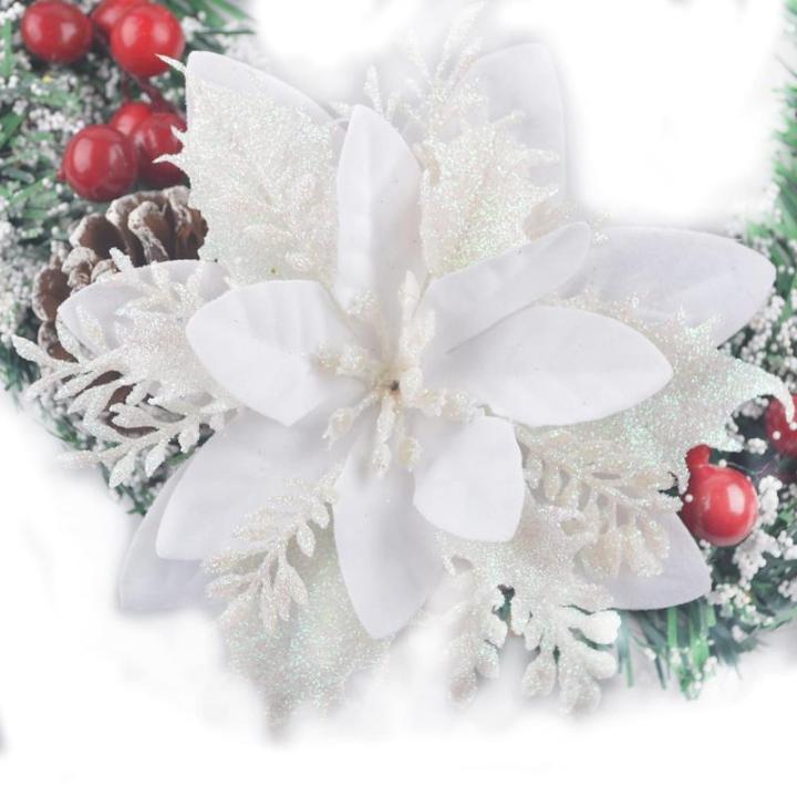 GL-Turelfies 12 STK. Glitzer Weihnachtsblumen (15cm/5,9'') mit 12 STK. Clips Künstliche Weihnachtsstern Blumen Weihnachtsbaum Blumenschmuck Weihnachtsbaum Ornamente (Weiß)