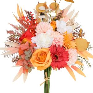 Kunstbloem zijden hortensia bloemstukken, witte en oranje bloem faux planten boeketten voor bruiloft decoraties, plastic bloemen tafel centerpieces voor woondecoratie (2, wit en or