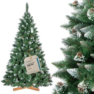 Kunstkerstboom, 220 cm, grenen met houten standaard, dennenboom, kunstkerstboom met natuurlijk wit besneeuwd, made in EU