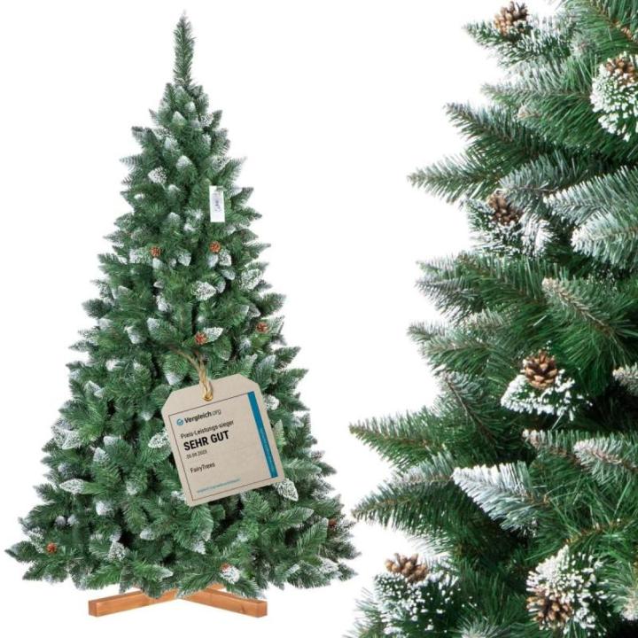 Kunstkerstboom, 220 cm, grenen met houten standaard, dennenboom, kunstkerstboom met natuurlijk wit besneeuwd, made in EU