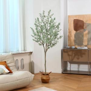Kunstmatige eucalyptusboom, 180 cm, nep-eucalyptusboom met witte zilveren dollarbladeren, zijden faux eucalyptusboom met plastic kwekerijpot, voor thuiskantoor en binnendecoratie,