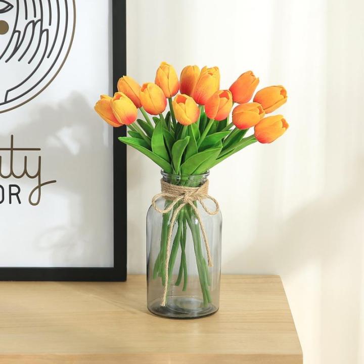 20 stuks PU Real Touch Latex Kunstmatige tulpen neptulpen bloemen boeketten bloemenarrangement voor huis kamer bruiloftsboeket middenstuk, oranje