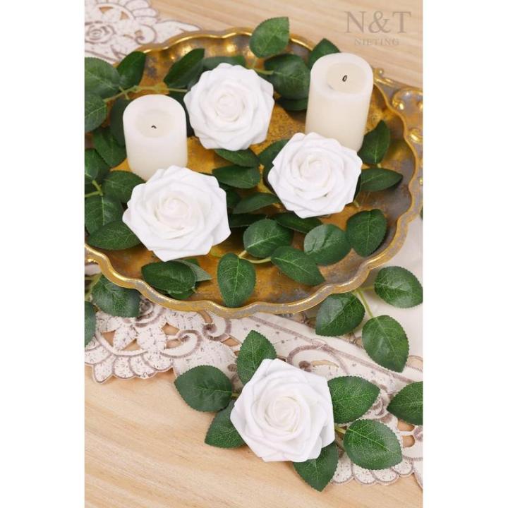 Kunstbloemen, rozen, 25 stuks, kunstrozen met steel, doe-het-zelf decoratie, voor bruiloft, bruidsfeest, feesttafels, boeketten, bruid, woondecoratie, wit