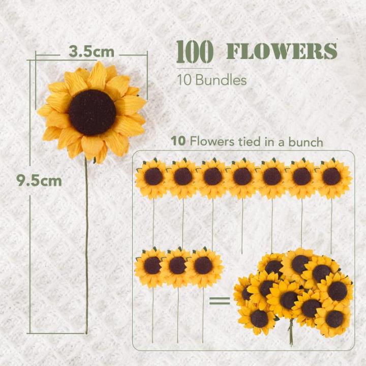 100 stuks kunstzonnebloemen, 3,5 cm, met 90 stickers, decoratieve bloemen, klein met metaaldraad, met steel, feest, bruiloft, doe-het-zelf, plakboek, kaarten, decoratie