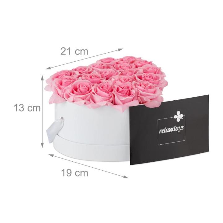 Rozenbox hart, 18 rozen, stabiele bloemenbox wit, 10 jaar houdbaar, cadeau-idee, decoratieve bloemenbox, roze, 13 x 21 x 19 cm