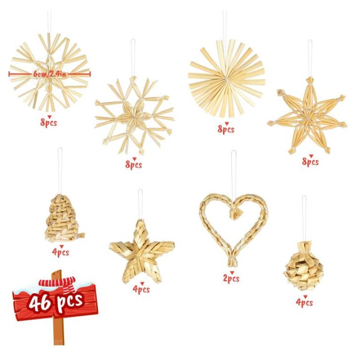 Strohsterne Christbaumschmuck 46-teiliges,Weihnachtsbaumschmuck Stroh mit Natürlichen Akzenten,Handgemacht Weihnachtsbaum Deko aus Stroh mit Schöner Box,Dekoration für Weihnacht