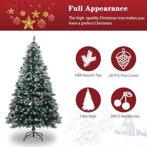 Kerstboom, 180 cm, kunstkerstbomen met 50 dennenappels, 1000 takpunten, groen, witte kerstboom, decoratieve boom, pvc-dennenboom kerstboom, incl. kerstboomstandaard