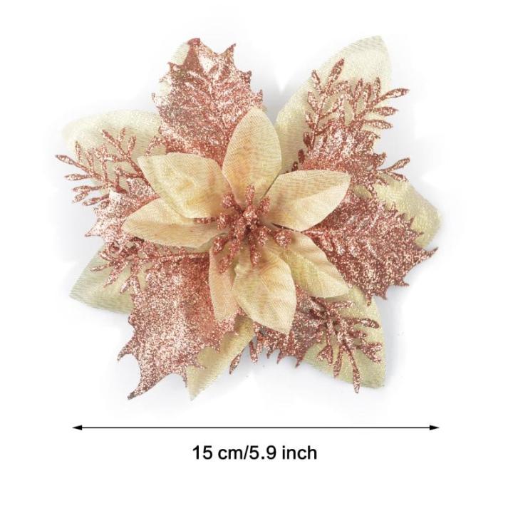GL-Turelfies 12 stuks glitter kerstbloemen 15 cm met 12 clips kunstbloemen kerstboom kerstboom bloemen kerstdecoratie boom ornamenten (roségoud)