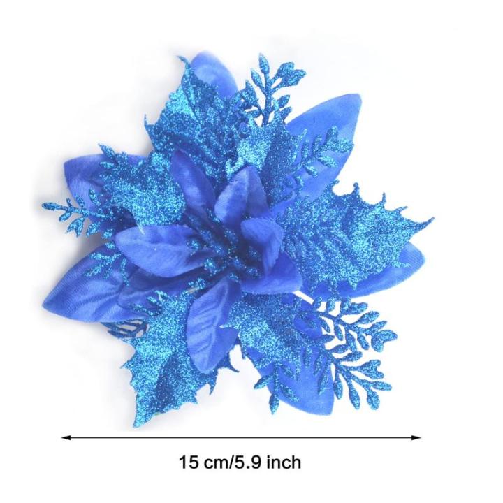 GL-Turelfies 12 STK. Glitzer Weihnachtsblumen (15cm/5,9'') mit 12 STK. Clips Künstliche Weihnachtsstern Blumen Weihnachtsbaum Blumenschmuck Weihnachtsbaum Ornamente (Blau)