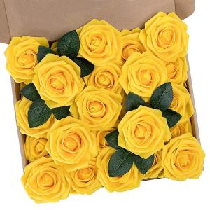 Kunstbloemen, rozen, 25 stuks rozen decoratie met stelen, kunstbloemen, herfstbloemen, bloemendecoratie voor doe-het-zelf, bruiloft, boeketten, bruid, thuis, herfstdecoratie, geel