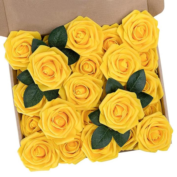 Kunstbloemen, rozen, 25 stuks rozen decoratie met stelen, kunstbloemen, herfstbloemen, bloemendecoratie voor doe-het-zelf, bruiloft, boeketten, bruid, thuis, herfstdecoratie, geel